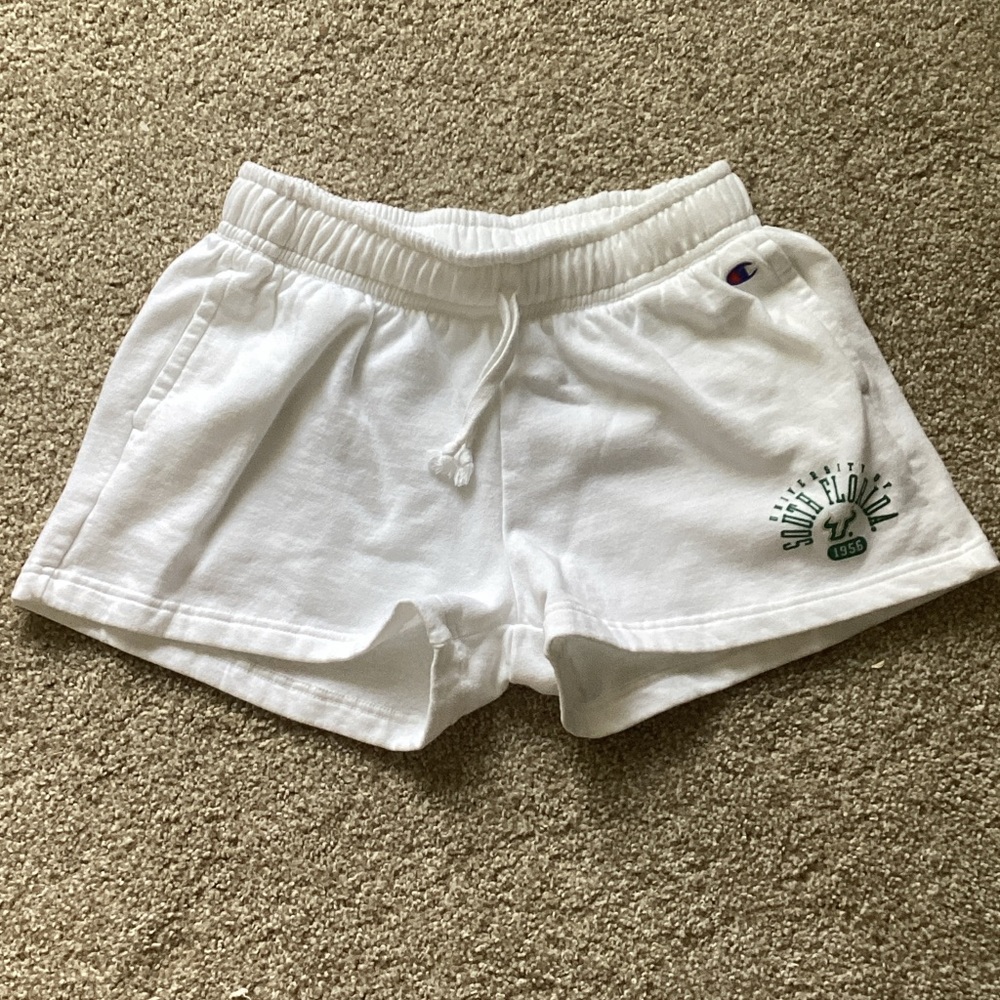 Champion White Women's Athletic Drawstring Shorts with Green Logo